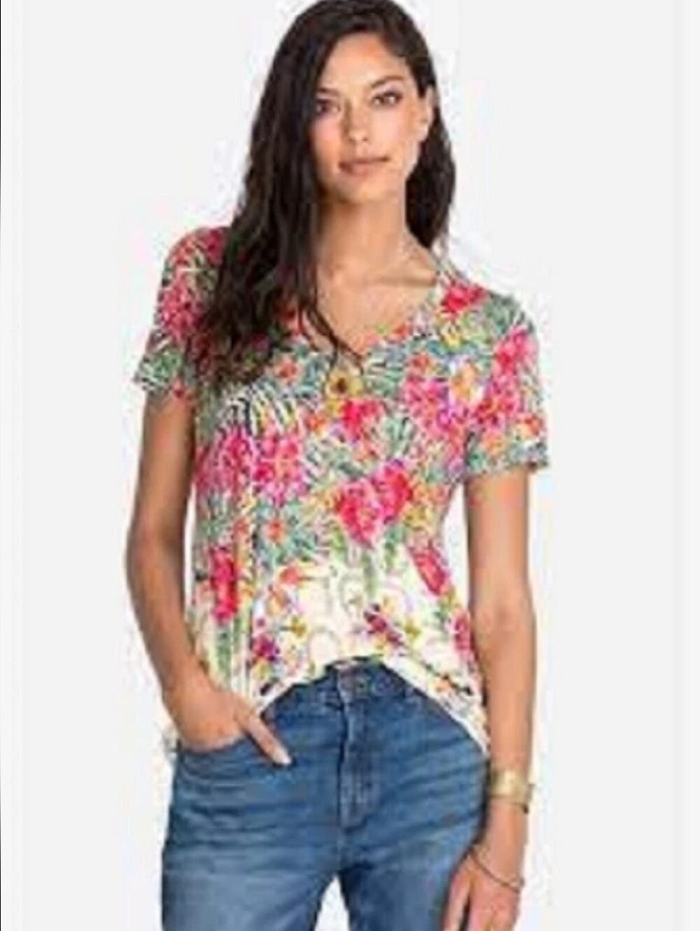 Johnny Was Super Soft Seabiscuit Floral Short Sleeve V-Neck Tee XS T-shirt